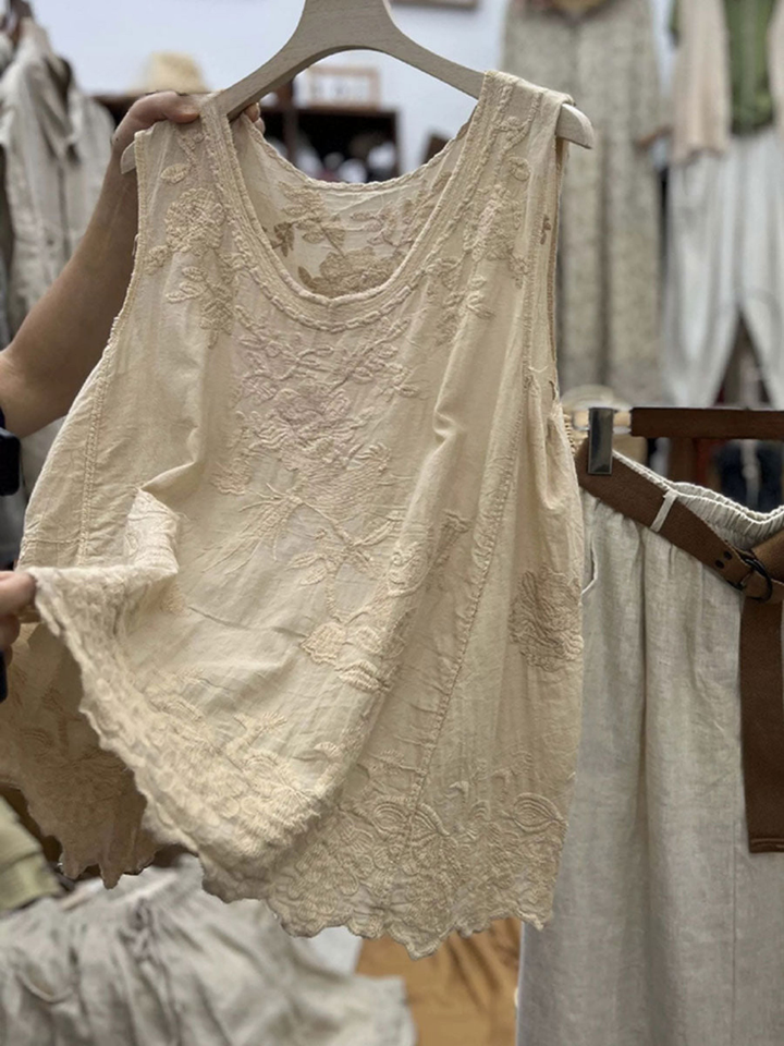 Women's 3/4 Sleeve Shirt with Cotton Linen Blend and Round Neckline