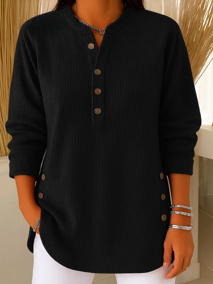 Crew-Neck Pullover Sweater with Button Accent Detail