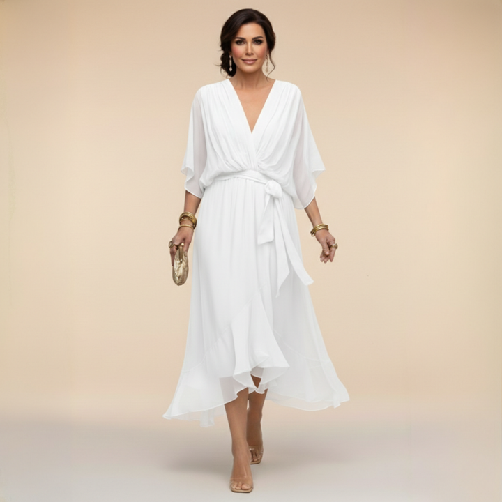 Chiffon V-Neck Dress with Flowing A-Line Silhouette and Lined Interior