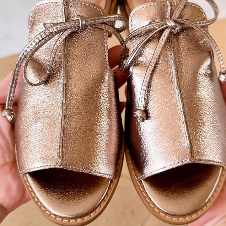 Women's Open-Toe Sandals with Adjustable Bow-Tie Strap and Metallic Finish, Soft Lining