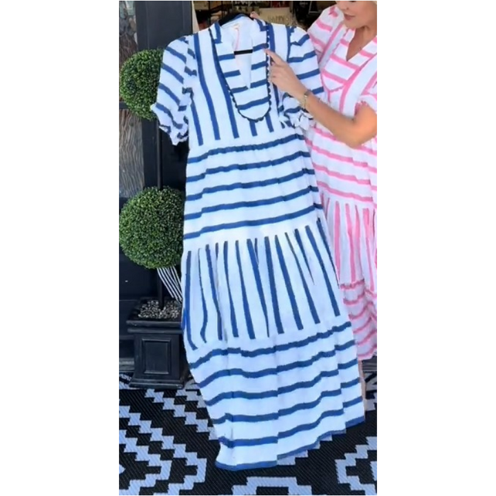 Midi Dress with V-Neckline and Striped Pattern, Polyester