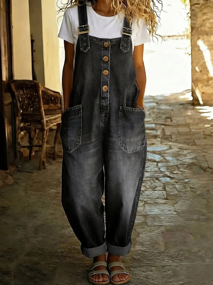 Wide-Leg Denim Jumpsuit with Adjustable Buckle Straps and Front Pockets