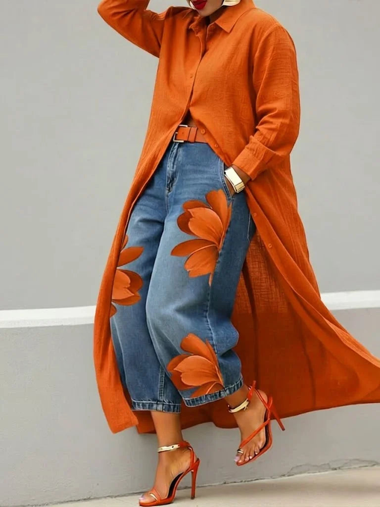 Linen-Cotton Shirt Dress with Red Floral Wide-Leg Jeans Set