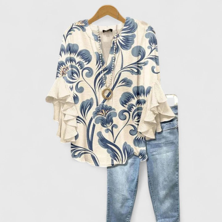 Floral Print Blouse with V-Neck and Tiered Ruffle Sleeves