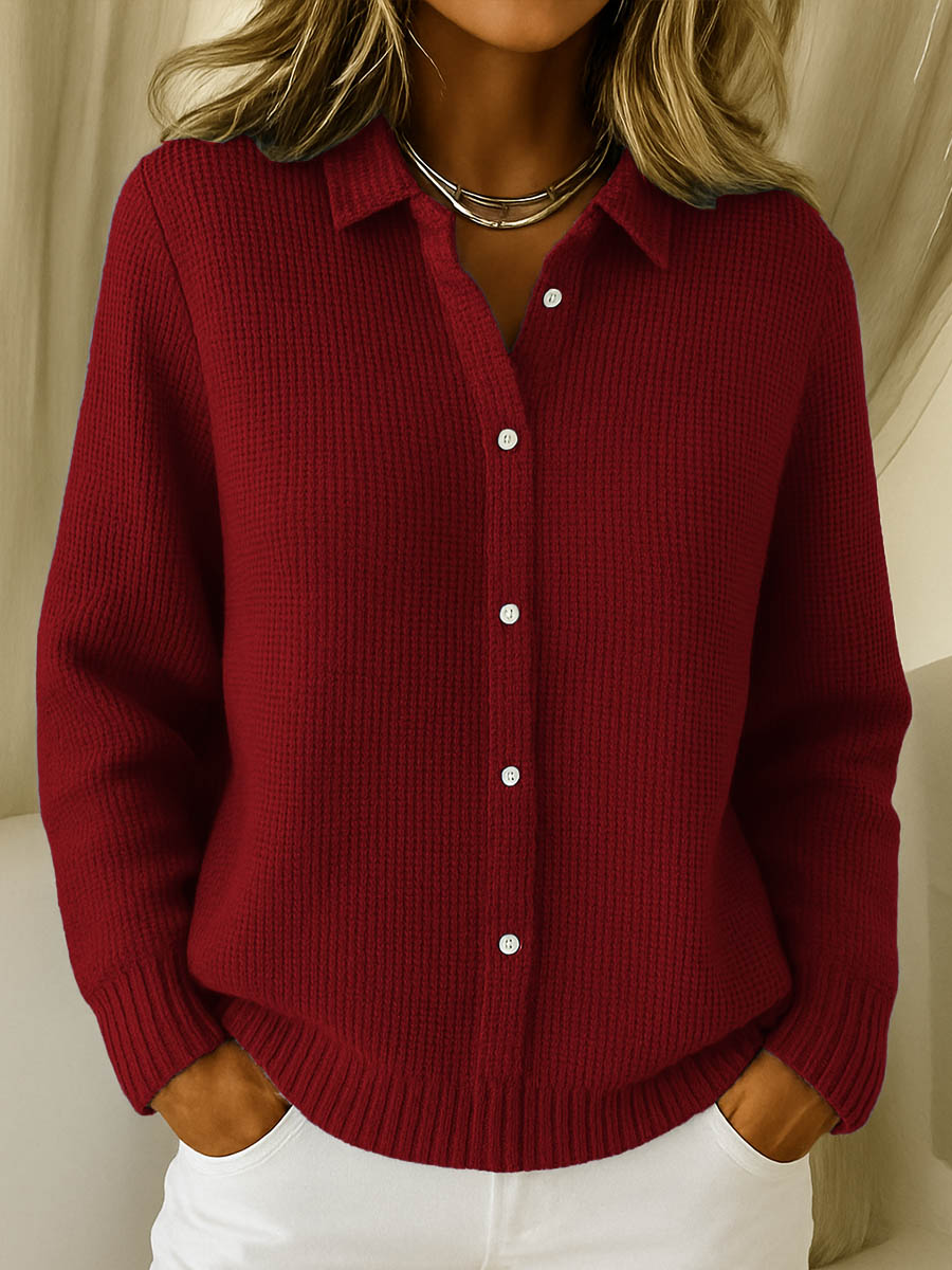 Knit Cardigan with Shirt Collar and Button Front, Cotton Blend