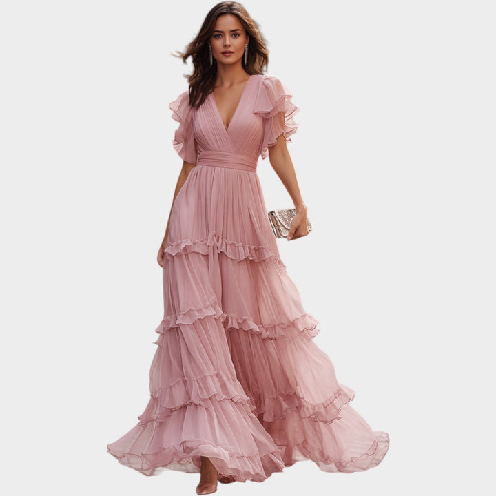 Maxi Dress with Tiered Ruffle Layers and Deep V-Neckline, Wrap Bodice