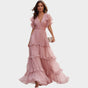 Maxi Dress with Tiered Ruffle Layers and Deep V-Neckline, Wrap Bodice