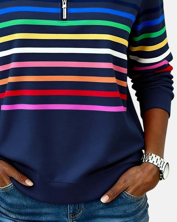Rainbow Striped Half-Zip Sweatshirt with Stand-Up Collar