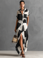 Maxi Shirt Dress with Geometric Print and Cotton Linen Blend, Short Sleeve