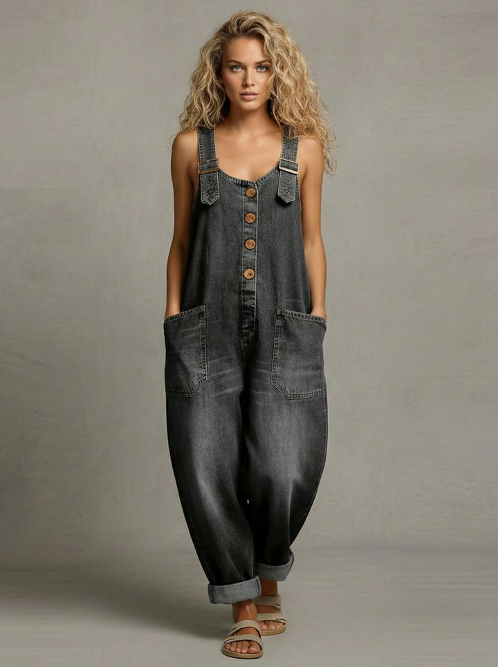 Wide-Leg Denim Jumpsuit with Adjustable Buckle Straps and Front Pockets