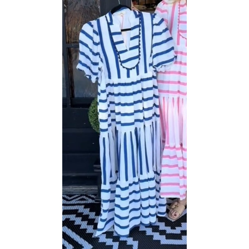 Midi Dress with V-Neckline and Striped Pattern, Polyester