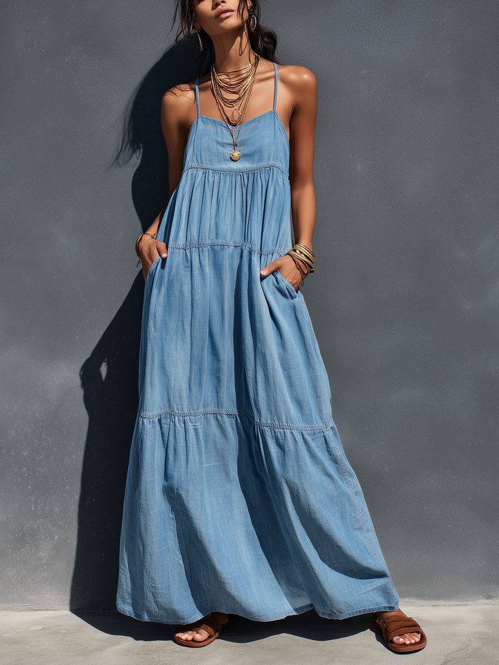 Stretch Denim Maxi Dress with Adjustable Suspender Straps and Sleeveless Design