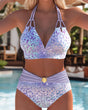 Halter Neck Printed Bikini Top and Bottom Set with Adjustable Tie