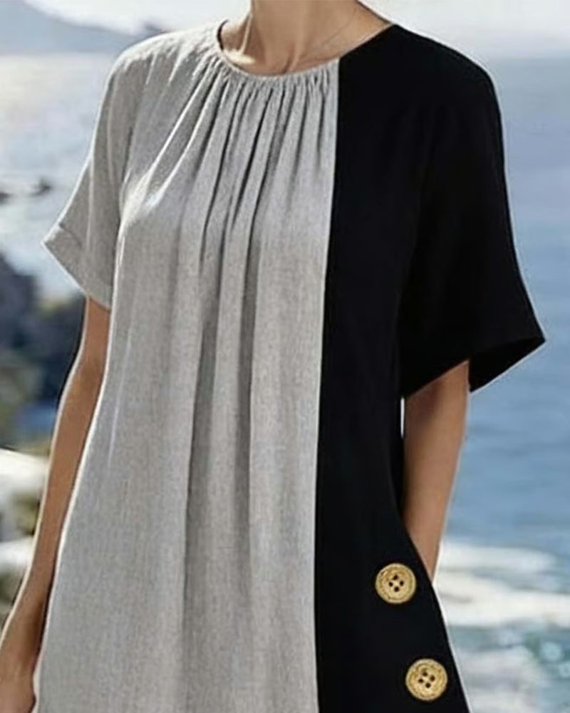 Long Dress with Round Neckline and Contrast Accents