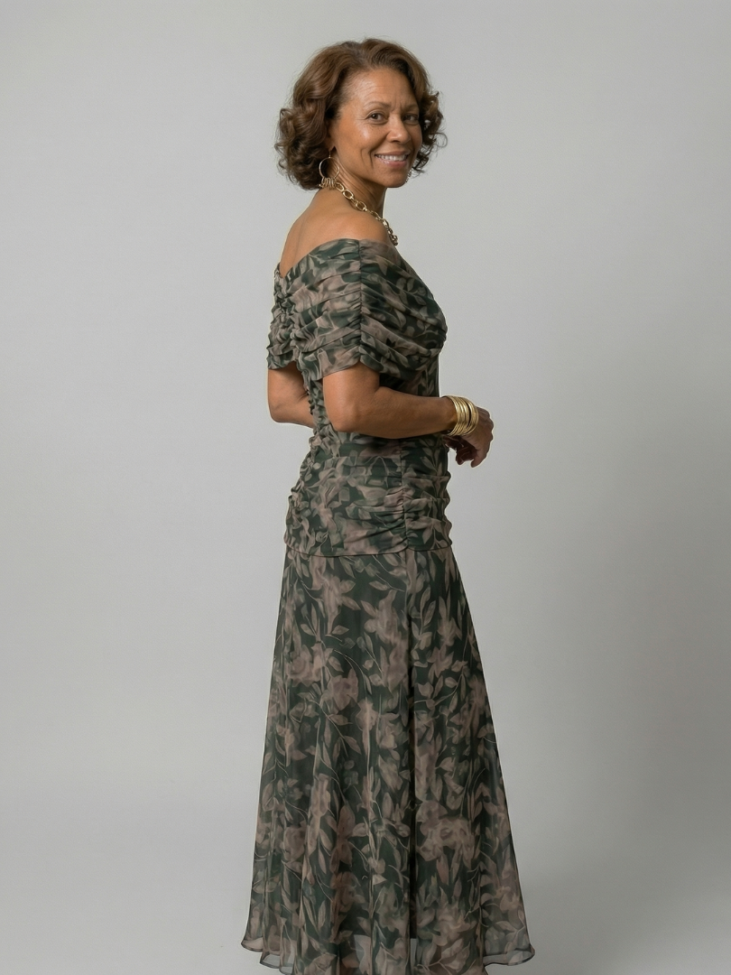 Off Shoulder Midi Dress with Draped Neckline and Flared Skirt