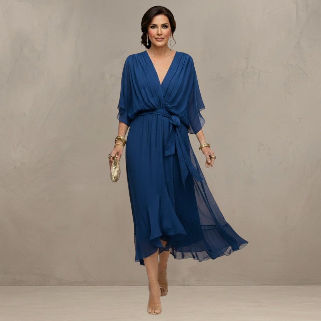 Chiffon Dress with V-Neckline and Flowing Silhouette