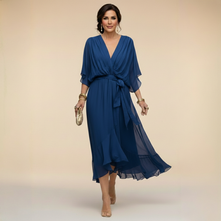 Chiffon V-Neck Dress with Flowing A-Line Silhouette and Lined Interior