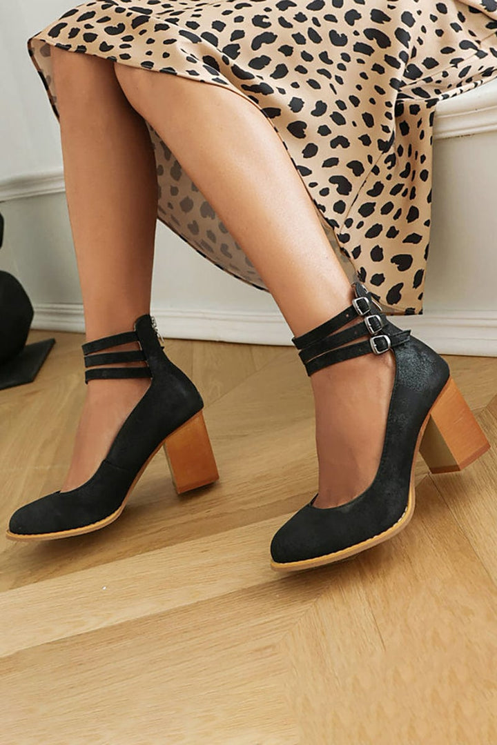 Women's Block Heel Sandals with Triple Ankle Buckle Straps and Adjustable Fit