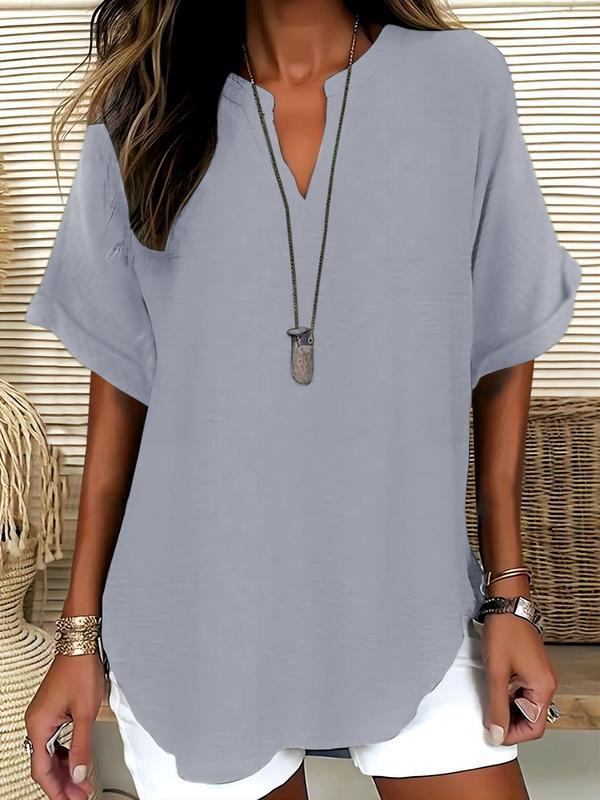 Breathable Notched-Neckline Blouse with Soft-Touch Fabric and Relaxed Fit