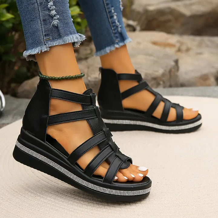 Strappy Wedge Sandals with Gladiator Design and Metallic Accents