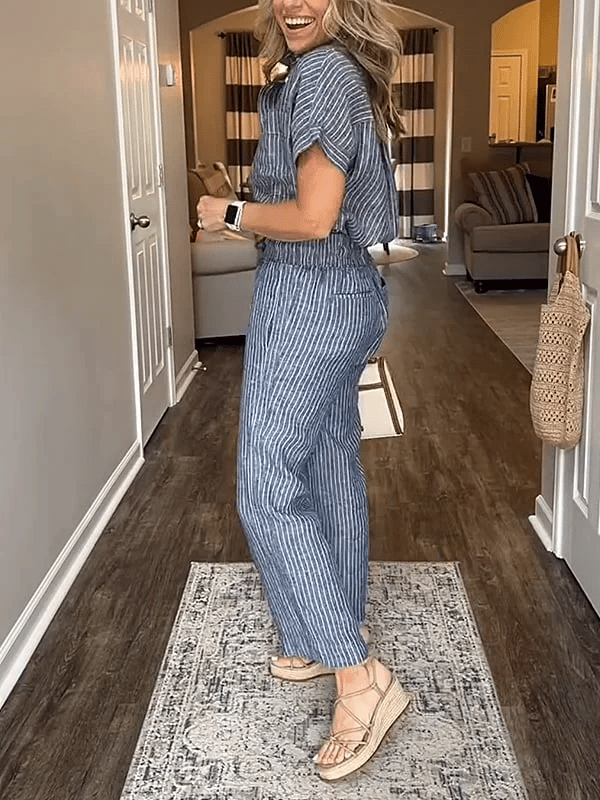 Striped Linen Cotton Shirt and Pants Set with Functional Pockets