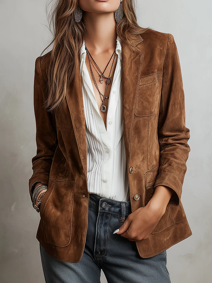 Camel Brown Faux Suede Jacket with Lapel Collar and Side Pockets