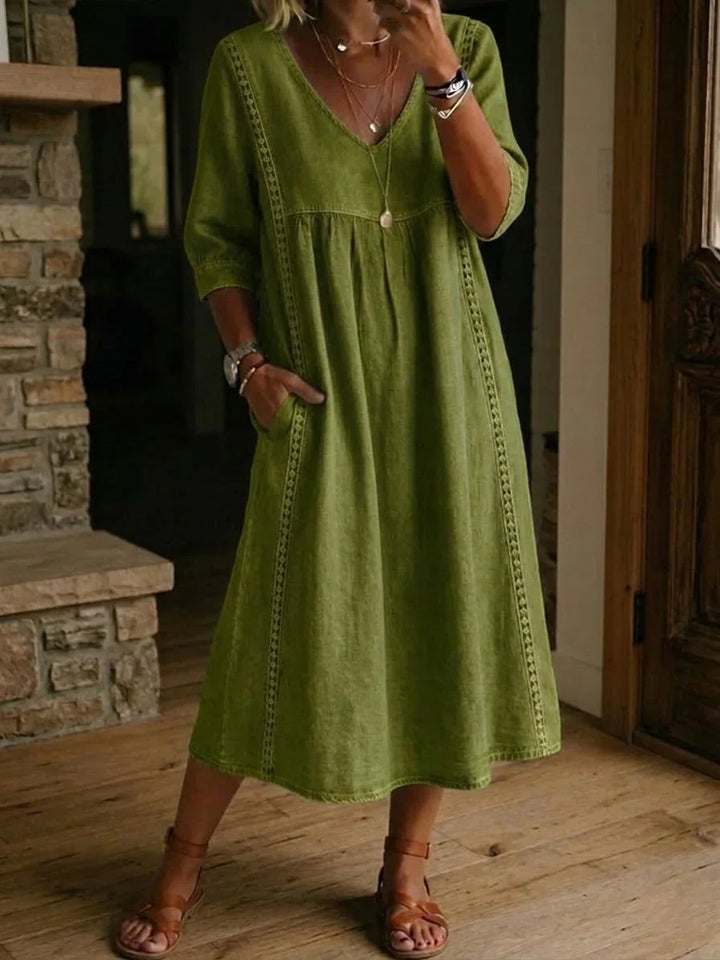 Midi Dress with V-Neckline and Three-Quarter Sleeves, Hidden Side Pockets