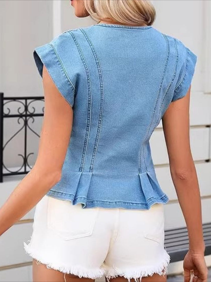 Sleeveless V-Neck Denim Top with Pleated Accents and Tailored Silhouette