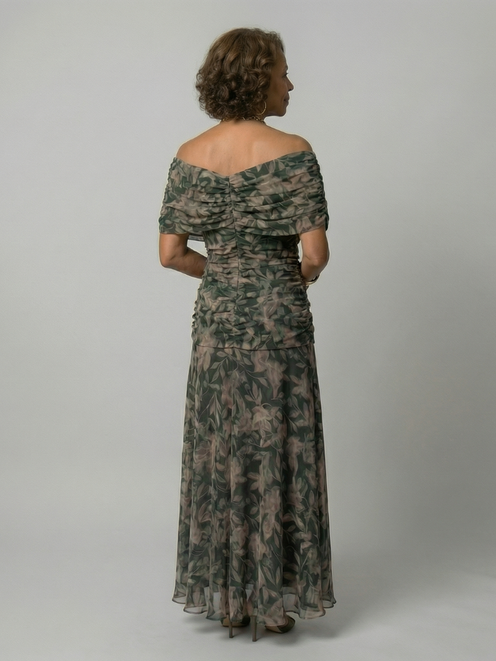 Off Shoulder Midi Dress with Draped Neckline and Flared Skirt