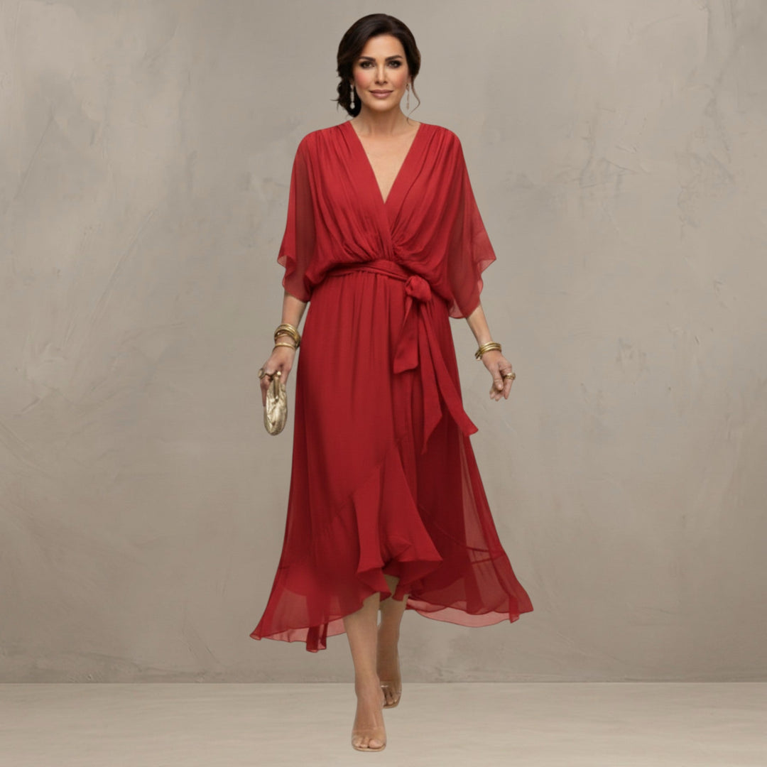 Chiffon Dress with V-Neckline and Flowing Silhouette