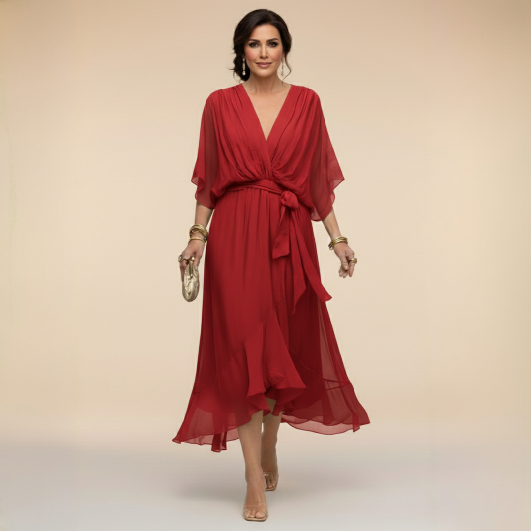 Chiffon V-Neck Dress with Flowing A-Line Silhouette and Lined Interior