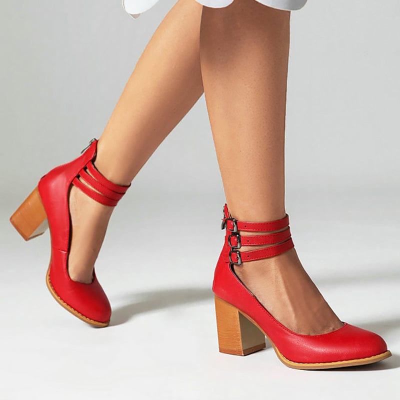 Women's Block Heel Sandals with Triple Ankle Buckle Straps and Adjustable Fit