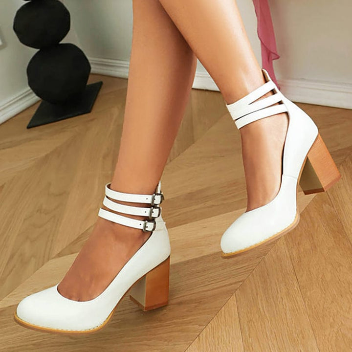 Women's Block Heel Sandals with Triple Ankle Buckle Straps and Adjustable Fit