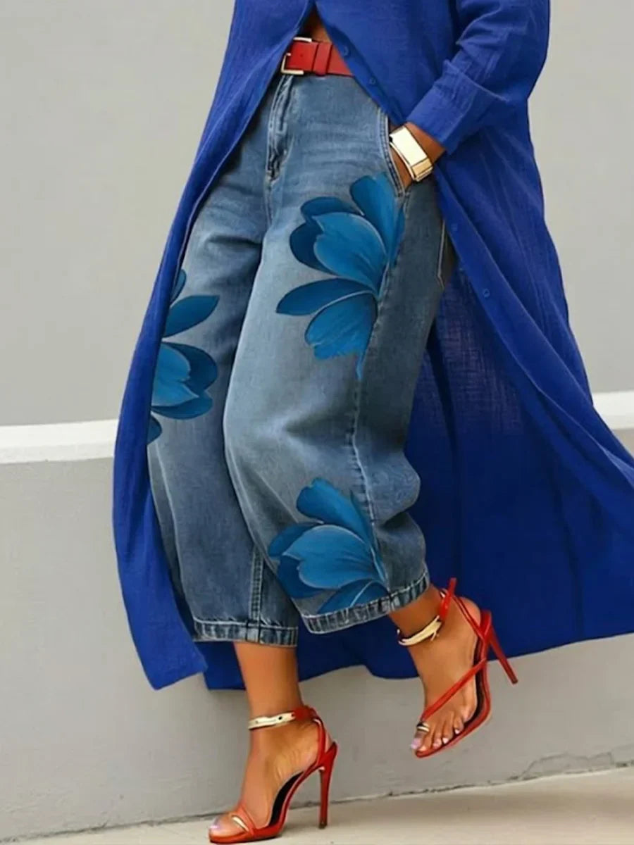 Linen-Cotton Shirt Dress with Red Floral Wide-Leg Jeans Set