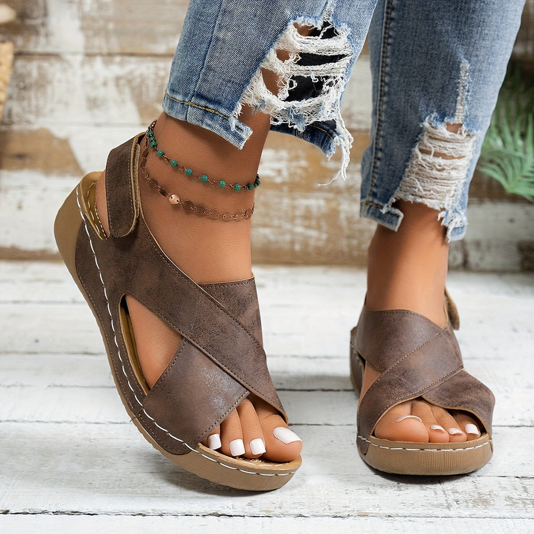 Women's Wedge Platform Sandals with Crisscross Straps and Cushioned Footbed