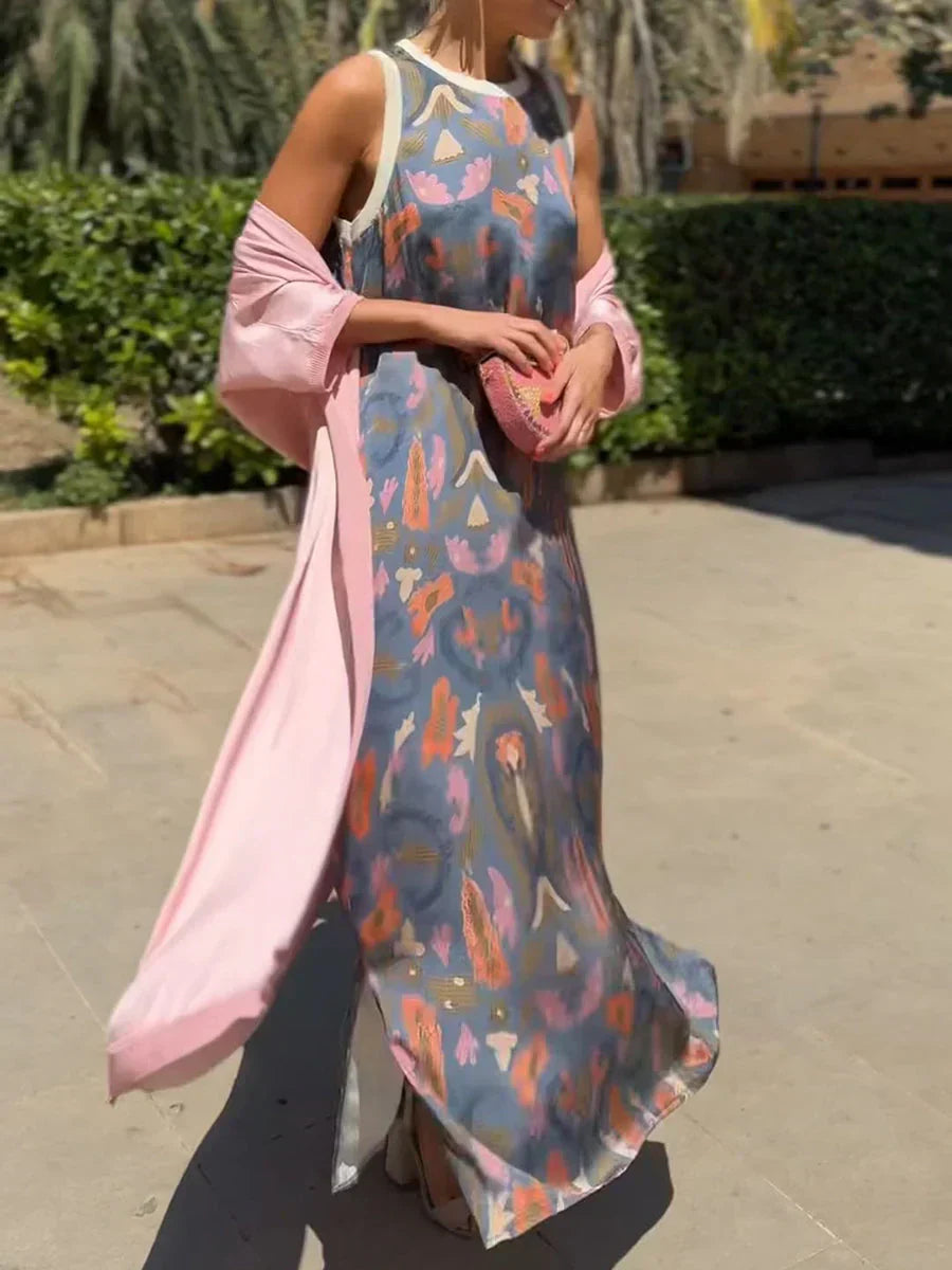 Sleeveless Maxi Dress with Bohemian Pattern and Two-Piece Set