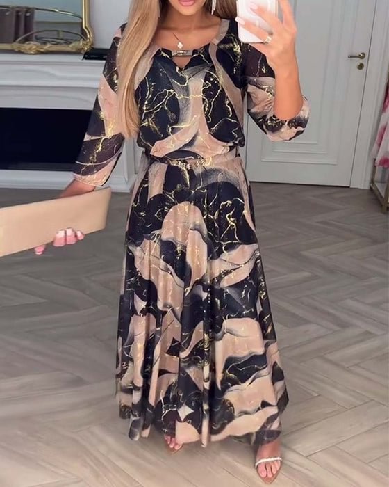 Printed Chiffon A-Line Maxi Dress with Round Neckline