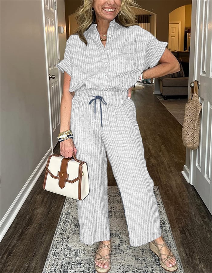 Striped Linen Cotton Shirt and Pants Set with Functional Pockets