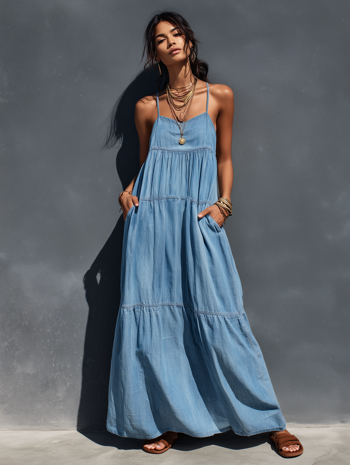 Stretch Denim Maxi Dress with Adjustable Suspender Straps and Sleeveless Design