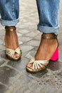 Women's Open Toe Block Heel Sandal with Metallic Gold Straps and Pink Heel