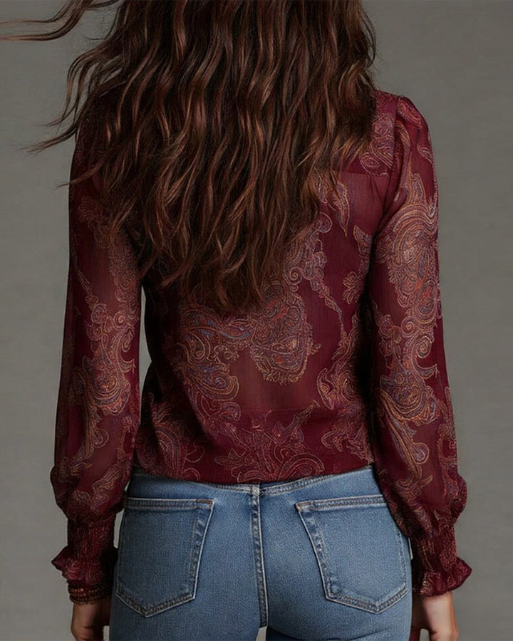 Printed Cotton Blend Blouse with Ruffle Sleeves and Demi-Zip V-Neck