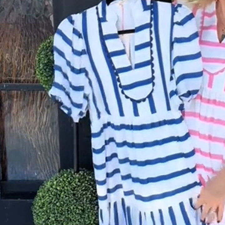 Midi Dress with V-Neckline and Striped Pattern, Polyester