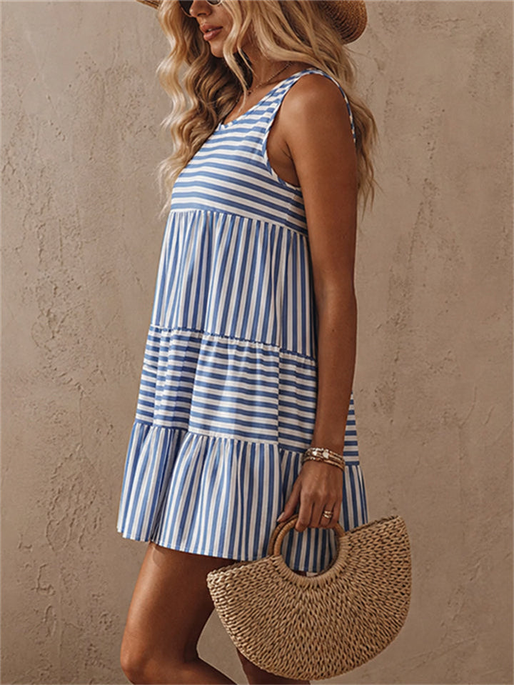 Striped Sleeveless Mini Dress with Pullover Design and Polyester Spandex Blend