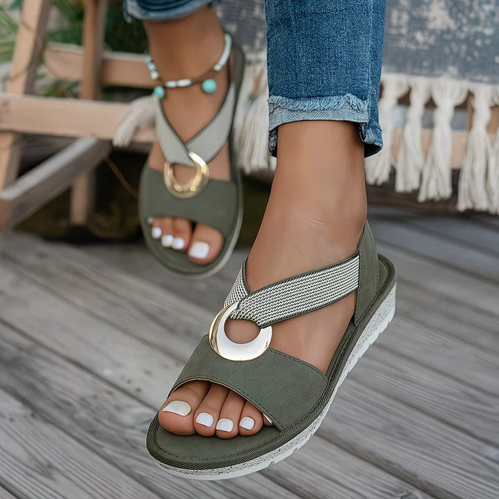 Flat Sandals with Metal Buckle and Adjustable Slingback Strap
