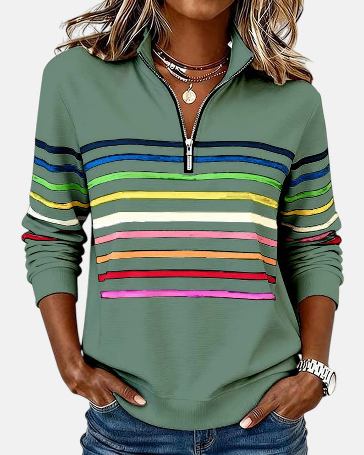 Rainbow Striped Half-Zip Sweatshirt with Stand-Up Collar