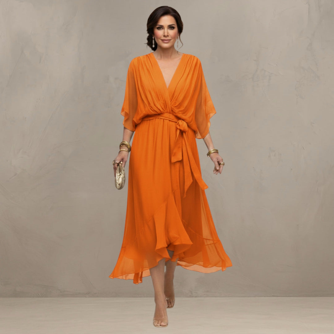 Chiffon Dress with V-Neckline and Flowing Silhouette