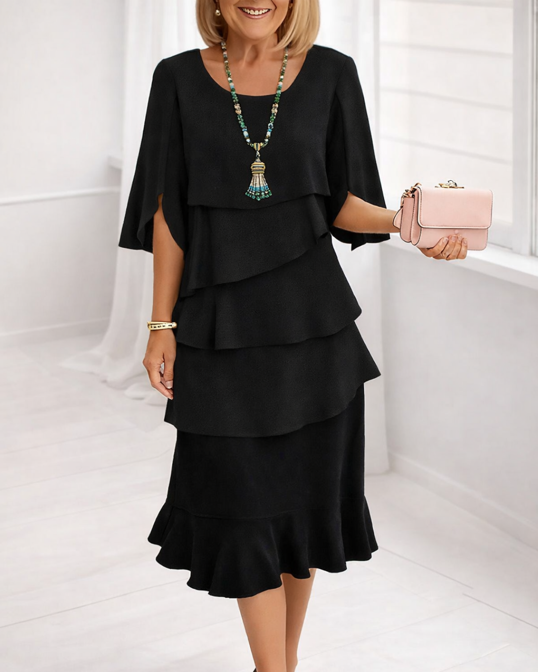 A-Line Tiered Ruffle Dress with Short Sleeves and Rounded Neckline