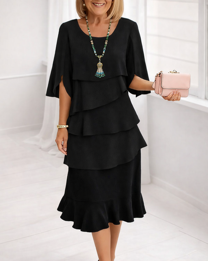 A-Line Tiered Ruffle Dress with Short Sleeves and Rounded Neckline