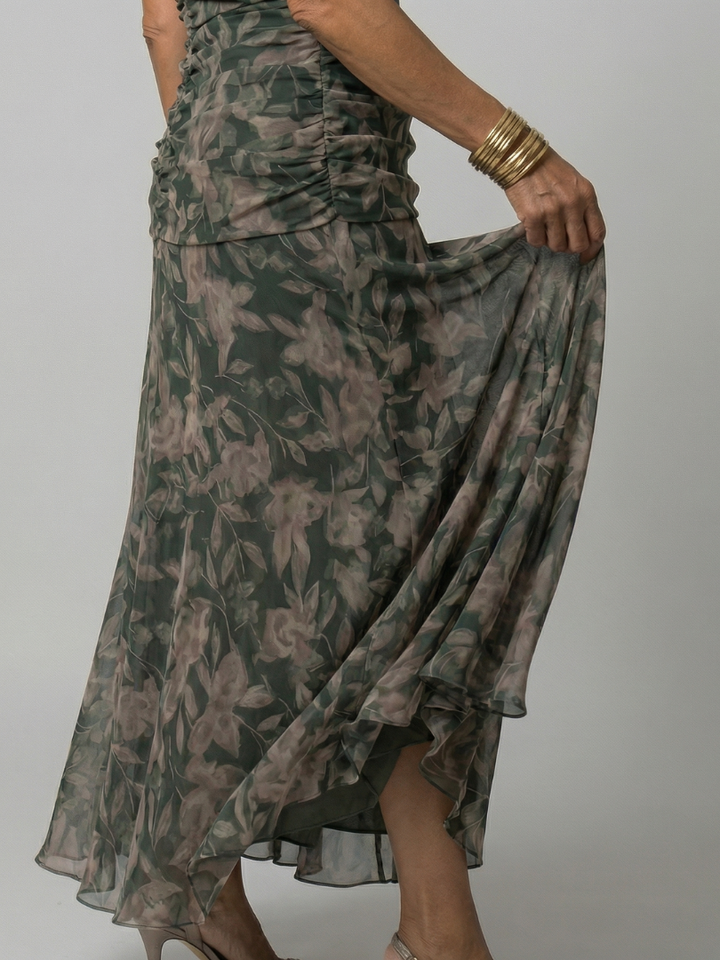 Off Shoulder Midi Dress with Draped Neckline and Flared Skirt