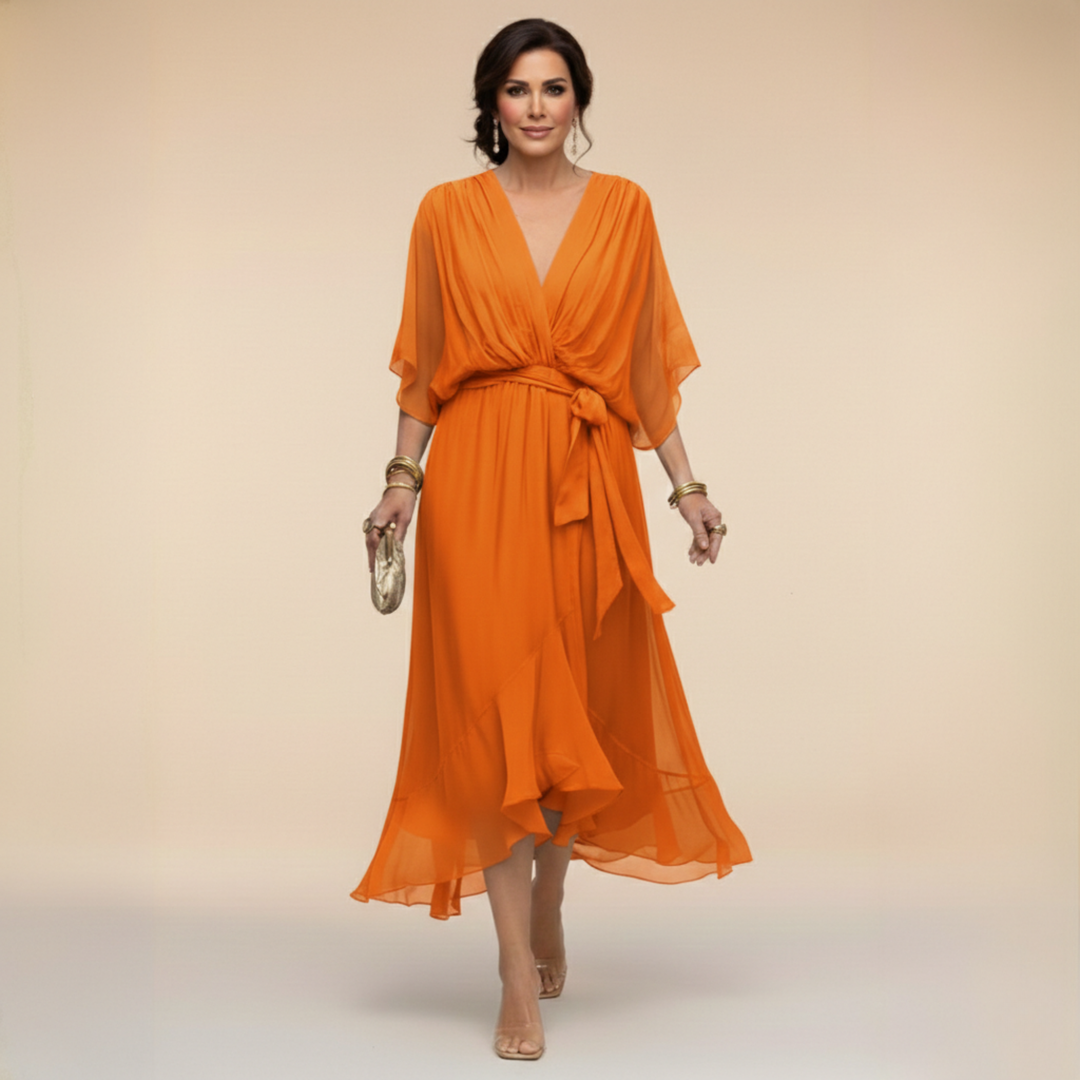 Chiffon V-Neck Dress with Flowing A-Line Silhouette and Lined Interior